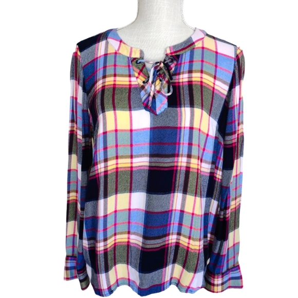 Talbots Tops - Talbots Flannel Popover Top Womens Size Small Petite Long Sleeve Lace Up Neck